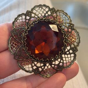 Art Deco Brooch, Amber lapel pin, Vintage Brass and root beer rhinestone Brooch